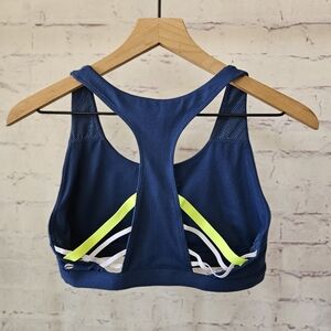 Fabletics Strappy Y-Back Medium Impact Sports Bra Pacific Blue Neon White Medium